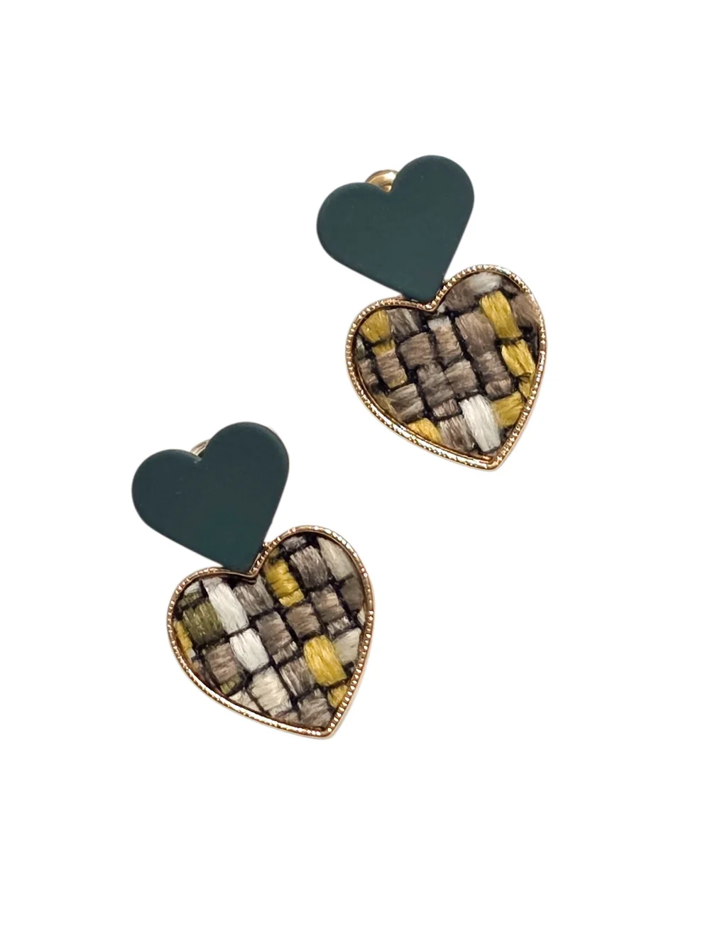 Tweed Knit Patterned Green Enamled Double Heart Stacked Earrings Fashion Jewelry